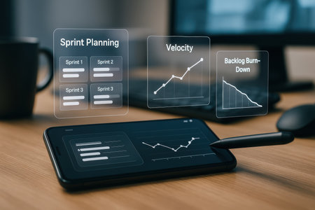 Smartphone and tablet with business plan on screen. Financial technology concept.の素材