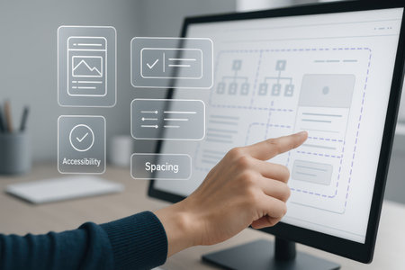 Close up of female hands pointing at computer monitor with web development iconsの素材