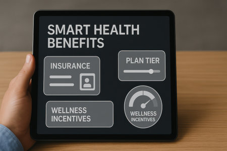 Smartphone with smart health benefits application on screen. Internet and technology concept.の素材