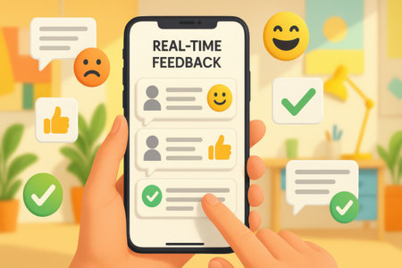 Concept of real time feedback. Hand holding smartphone with feedback icons. Vector illustrationの素材