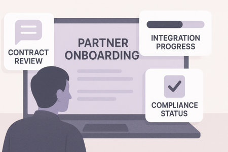 Conceptual illustration of Partnership Online, with keywords and icons.の素材