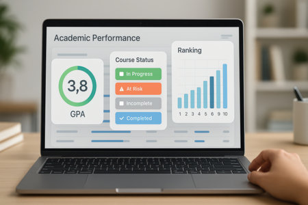 Laptop with e-learning application on screen at table, closeupの素材