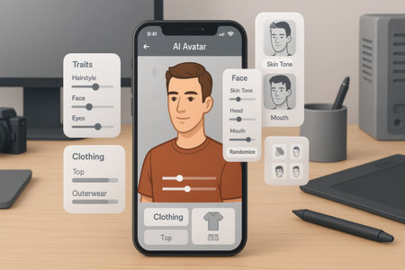 Workplace with a smartphone and a man on the screen. Illustrationの素材