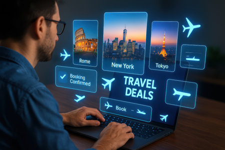 Businessman using a laptop with travel dreams concept on the screen.の素材