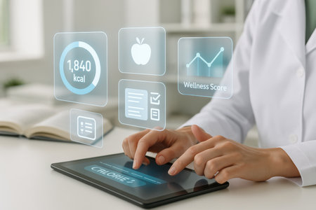 Doctor working with tablet computer at table in office, closeup of handsの素材