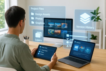 businessman working on laptop and tablet with smart home and internet of things conceptの素材