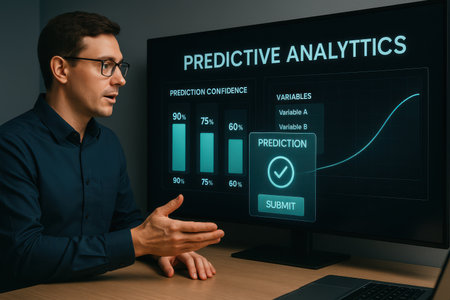 businessman in eyeglasses looking at computer with digital marketing diagramの素材