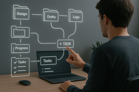 businessman working with laptop and social media diagram on screen at officeの素材