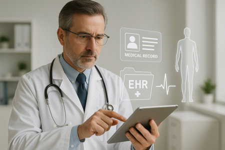 Serious male doctor using digital tablet in medical office. Health care conceptの素材