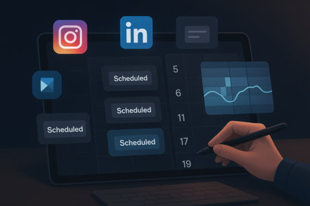 Businessman hand with pen and smart phone on dark background with social media iconsの素材