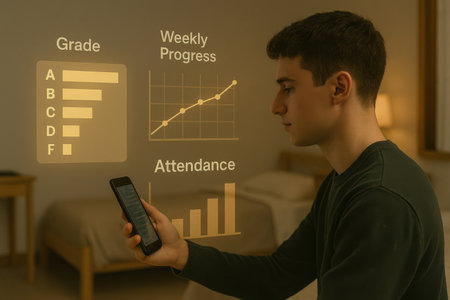 A young man with a mobile phone in his hand looks at a virtual screen with a graph.の素材
