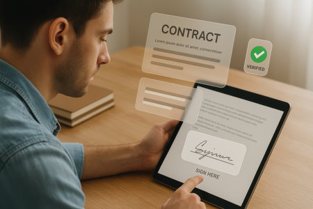 cropped view of man using tablet with contact us app on screenの素材