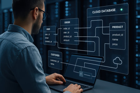 businessman with laptop and cloud computing diagram on server room data center backgroundの素材