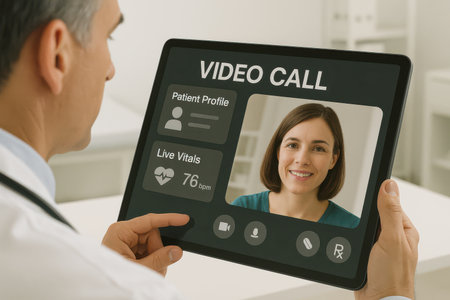 Doctor holding digital tablet with video call on screen. Online medical consultation concept.の素材