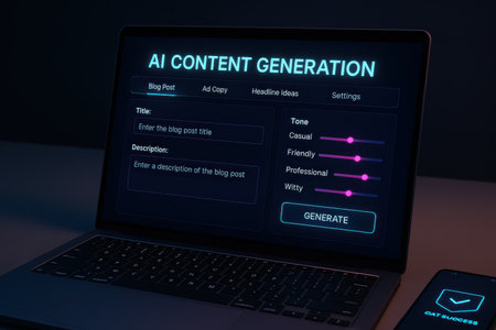 Conceptual image about AI Content Engagement with handwritten text on a laptop screenの素材