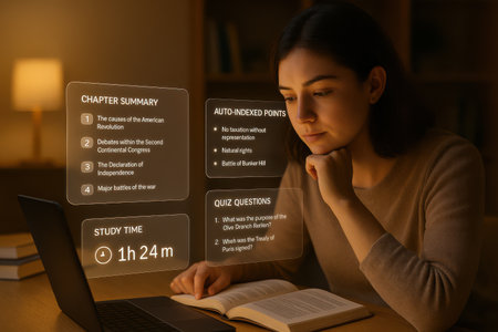 Young woman studying online at home in the living room. Education conceptの素材