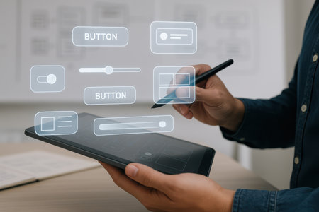 Businessman using tablet computer and digital tablet with login and password buttonsの素材