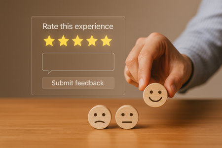 Customer service evaluation and feedback concept. Businessman select the best rating for customer satisfaction.の素材