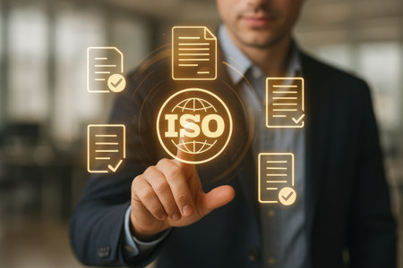 Businessman pressing a ISO 9001 button on a touch screen interfaceの素材