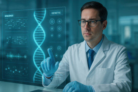 Serious scientist looking at dna structure on futuristic screen in laboratoryの素材