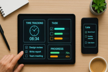 Time management concept on digital tablet screen, business and technology concept.の素材