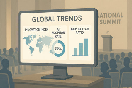 Global trends concept on a computer screen in a meeting room, 3D renderingの素材