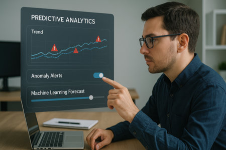 businessman in eyeglasses pointing at financial graph on computer screenの素材