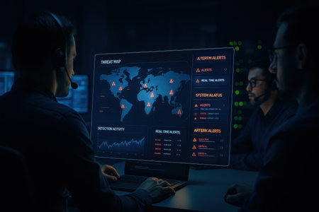 Team of call center operators working at night in front of computers.の素材