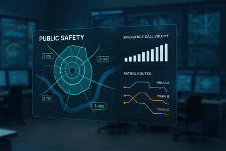 Digital composite of Futuristic interface with graphs and diagrams in blurry officeの素材
