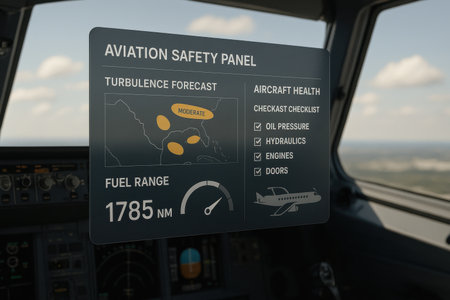 Aerial view of an airplane cockpit with a control panel and a map.の素材