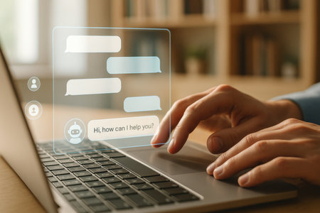 Woman working with laptop at table in office, closeup. Text messaging conceptの素材