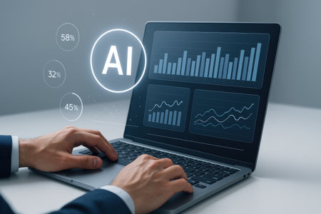 businessman working on laptop with artificial intelligence icon and chart on screenの素材