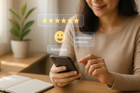 Woman using mobile phone with feedback rating on screen at table, closeupの素材