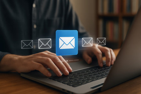 Man working on laptop with email icon. E-mail concept.の素材