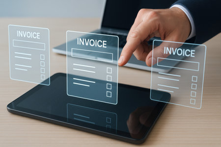 Invoices concept on virtual screen. Business, internet and technology concept.の素材