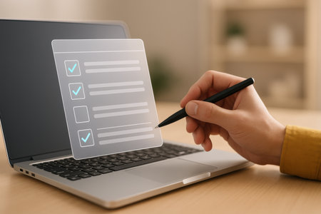 business, education, technology and internet concept - close up of woman with laptop and checklistの素材