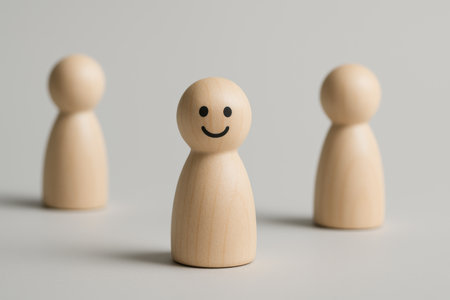 Wooden figures of people with smiley face on white background.の素材