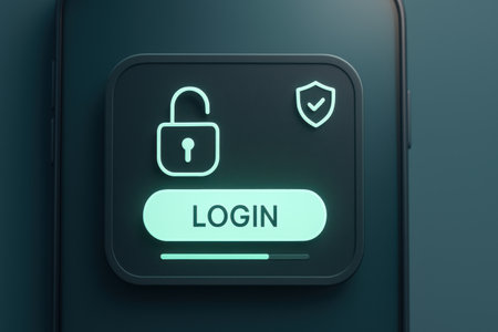 Digital composite of Login text with lock and shield icon over blue backgroundの素材