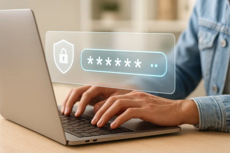 Man using laptop with password protection on screen at table, closeupの素材