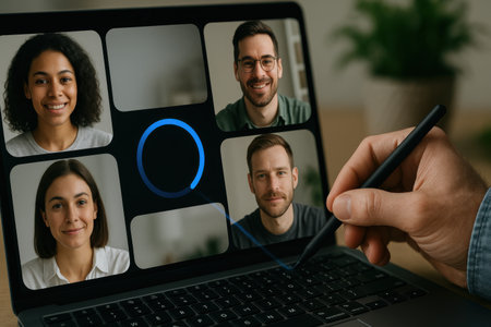selective focus of man holding pen near laptop with blue circle on screenの素材