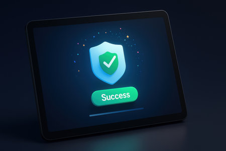 Security concept: Tablet PC with Shield icon on display, 3D renderingの素材