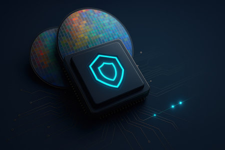 3d illustration of cpu with shield and microcircuit over dark backgroundの素材