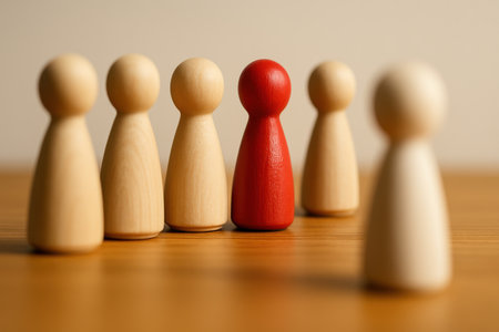 Wooden figures of people stand in a row on a wooden tableの素材