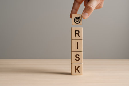 Businessman hand placing a wooden block with the word risk on top.の素材