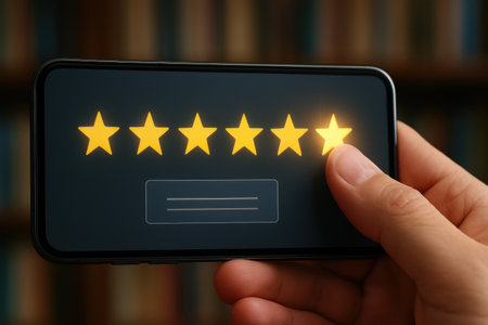 Hand holding a smartphone with five stars rating on screen, closeupの素材