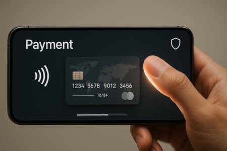Hand holding mobile phone with payment app on the screen, closeupの素材
