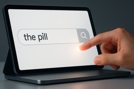 Searching Internet Concept: Closeup of female hand clicking on the search bar on laptop computer screen.の素材