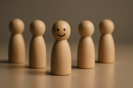 Wooden people with smiley face in front of a group of peopleの素材