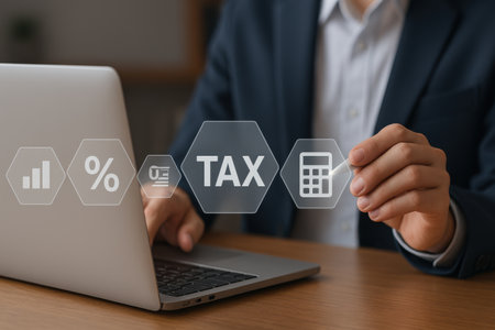 Tax concept. Businessman using laptop at table in office, closeupの素材