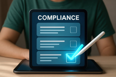 Compliance concept on tablet computer screen with man in the background.の素材